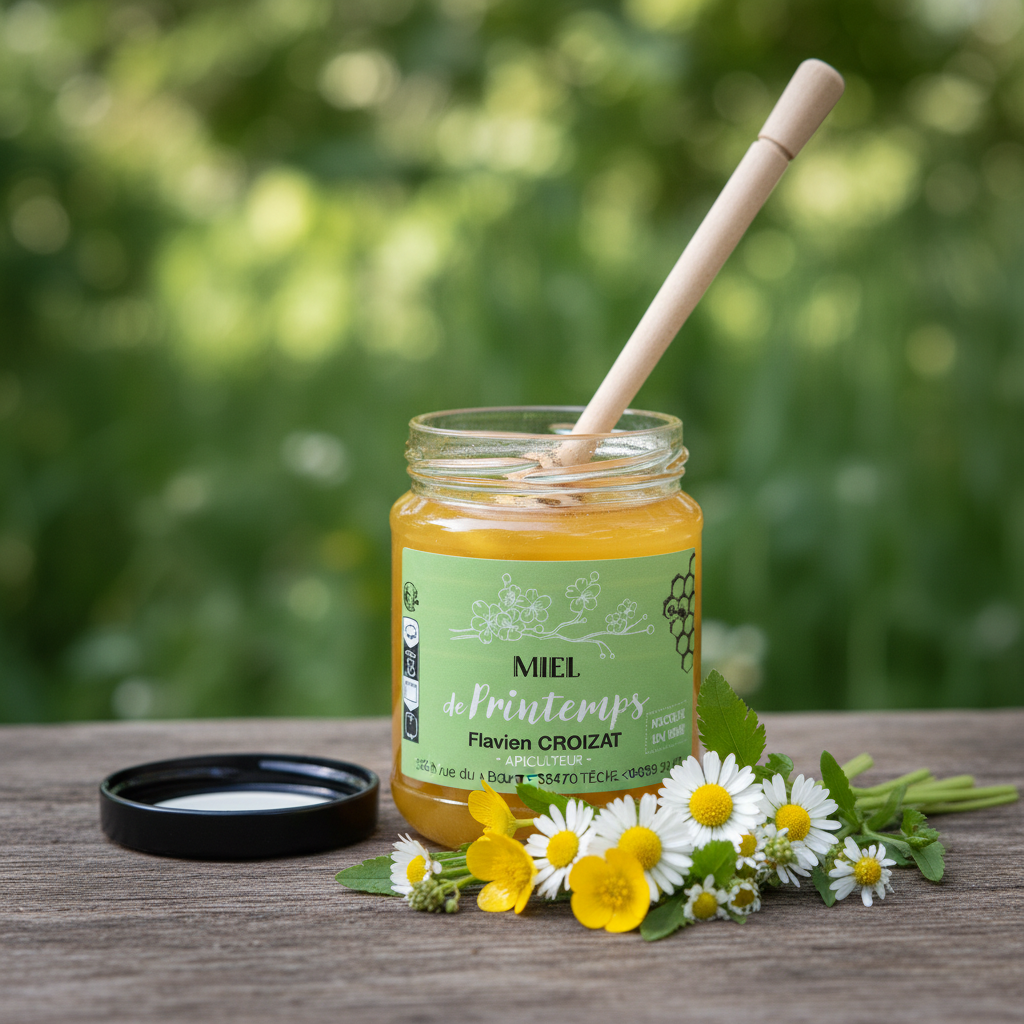 Miel de Printemps - Pot ouvert avec cuillère