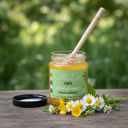 Miel de Printemps - Pot ouvert avec cuillère